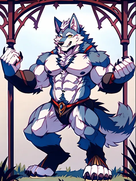 Human-wolf，musculous，Hairy all over，clawed paws，erect through