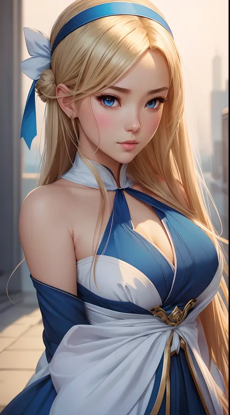 a close up of a woman in a blue dress with a white headband, artwork in the style of guweiz, ig model | artgerm, extremely detailed artgerm, hyper realistic anime, soft portrait shot 8 k, artgerm. anime illustration, in the art style of bowater, blonde - h...