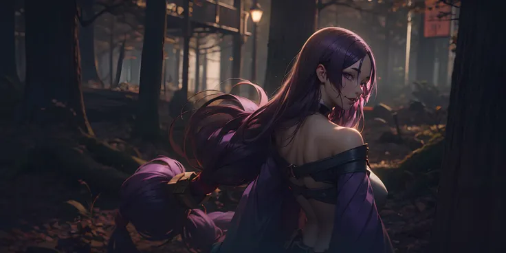 hmmr1, minamoto no raikou (fate), (dark-purple hair, long hair:1.7), purple eyes, 1girl, solo, bare_shoulders, outdoors, off_shoulder, looking_at_viewer, piercing, looking_back, blurry, dress, upper_body, back, tree, blurry_background, black_dress, from_be...