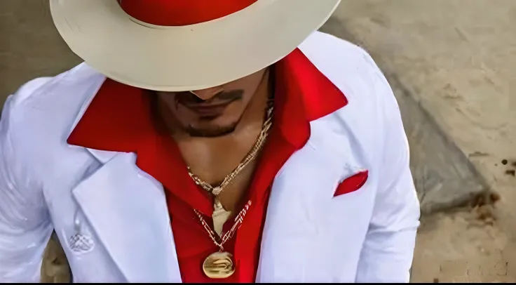 Theres a man wearing a hat and a red shirt, taken in the early 2020s, masterpice de arte, Da cintura para cima, Estilo de Mike Jackson, imagem de qualidade muito baixa, he has a red hat, terno vermelho, infantil, da cintura para cima, white suit and hat, T...