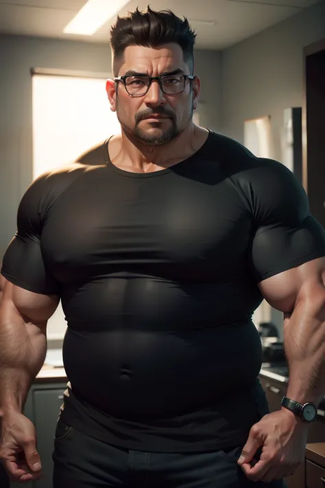 45-year-old man wearing glasses,Black shirt and muscular obese figure, Ultra-realistic 4K,Horn-trimmed hairstyle