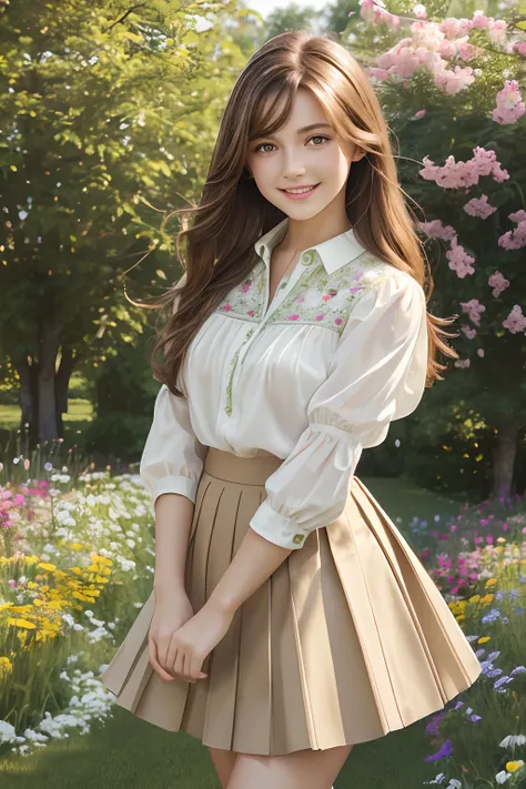 (highres,ultra-detailed,realistic:1.2),beautiful,bright-eyed,18-year-old girl in a garden,cute blouse,pleated skirt,lovely smile...