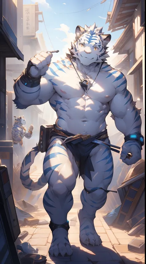 (by null-ghost, by thebigslick, By Darkgem, by Honovy), Kogenta (Onmyoji Oyamaji Temple), high-definition photograph, Perfect anatomy, Anthropomorphic white tiger, male people, 20yr old, Thick eyebrows, Light blue stripes, Strong body, large pecs, (Fully n...