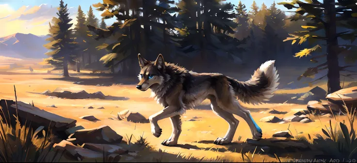 ((Solo)), Male, coyote, (Multi-colored fur, White-brown:1.3，White tail pointed), ((Wolf face, White hair, Big eyes, White eyelids, Blue pupil, Slim:1.2) (Tough, Calm expression:1.2)), Robust，Slim, pinging)), (Correct body anatomy), A big tail，Feet，Longer t...