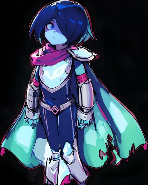 androgynous, dark blue hair, hidden eyes, eyes covered, light blue skin, neutral face, cape, armor, pink scarf, hd, highres