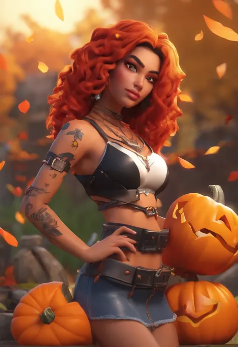 Fortnite looking character, 1girl, red eyes, long curly orange hair, pumpkin necklace, orange and black corset, black heart tattoo on face, long eyelashes, leaves on coset, black mini skirt, knee high orange boots, chains on boots, nose pierced, hair clips...