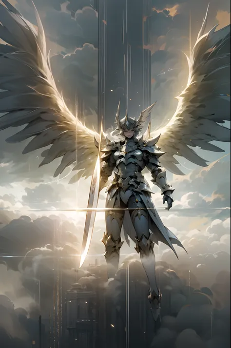 (4K, Cinematic Light Effects,) Sky, powerful six-winged angel (suspended in the air), armor, shield sword, battle stance, cloudy sky, sunlight shining through the gaps in the clouds, fog