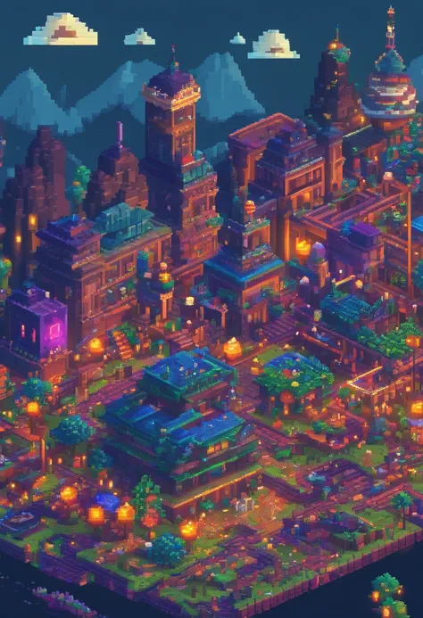 A gaming world. Night. 3d pixel art 4k wallpaper. Incredible pixel art details. Pixel art. Detailed unreal engine pixel art