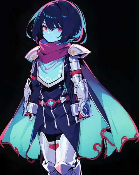 androgynous, dark blue hair, hidden eyes, red eyes, eyes covered, light blue skin, neutral face, cape, armor, pink scarf, hd, highres