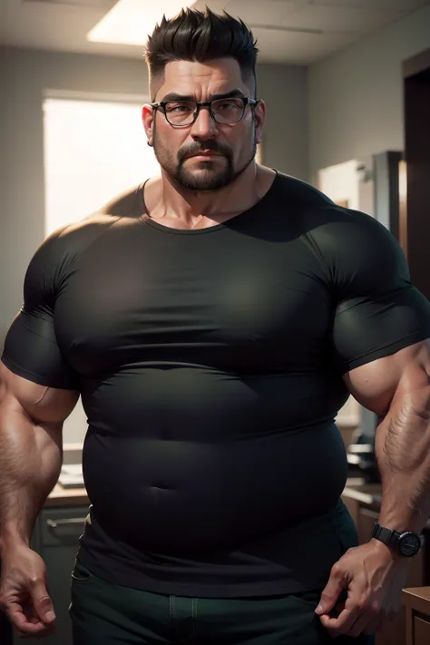 45-year-old man wearing glasses,Muscular obese figure in black shirt and green pants, Ultra-realistic 4K,Hairstyle trimmed at the corners,I have a beard on my chin,Face size is large