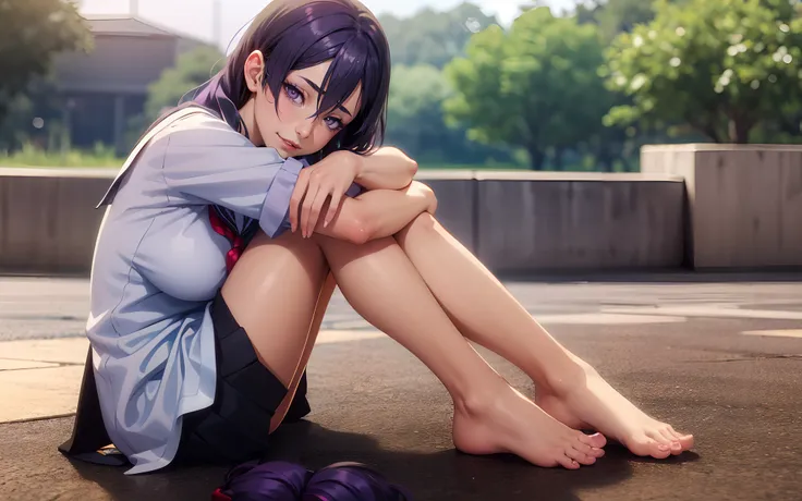 hmmr1, minamoto no raikou (fate), (dark-purple hair, long hair:1.7), purple eyes, 1girl, feet, barefoot, solo,  school_uniform, ...