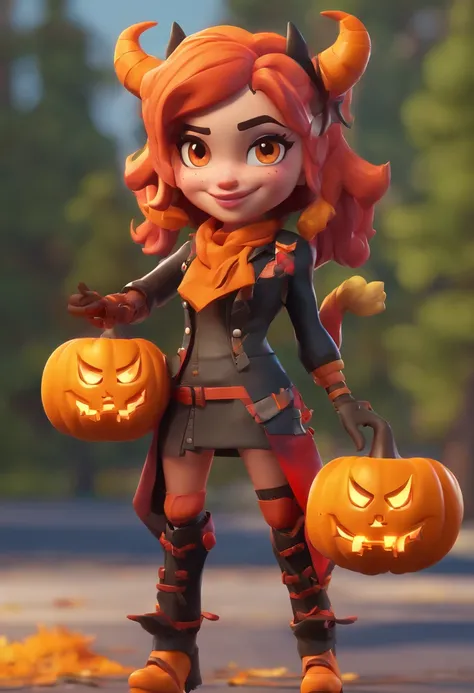 Cute Fortnite character, long orange hair, devil horns and tail, vampire fangs, orange eyes with long eyelashes, nose and face piercings, small bust, curvy, rosy cheeks, black makeup, fall inspired outfit, leaves in hair, lots of tattoos, black mini skirt,...