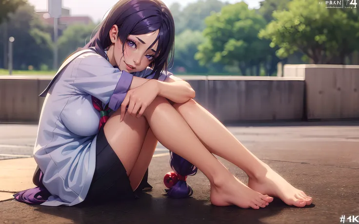 hmmr1, minamoto no raikou (fate), (dark-purple hair, long hair:1.7), purple eyes, 1girl, feet, barefoot, solo,  school_uniform, ...