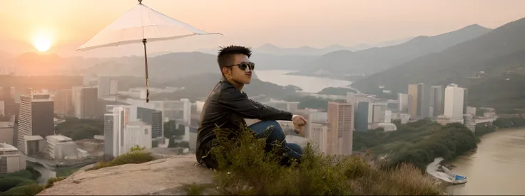 there is a man sitting on the edge of a river with an umbrella, amidst nature, candid picture, with a cool pose, edited in photoshop, taken at golden hour, photo taken with canon 5d, casual photography, with sunset, with sunglass, !! low contrast!!, during...