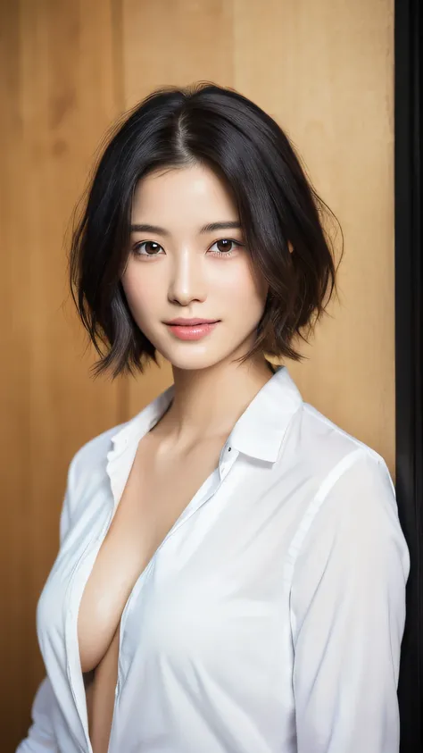 (masterpiece:1.3), (8k, photorealistic, RAW photo, best quality: 1.4), japanese, (1girl), beautiful face, (realistic face), (black hair, short hair:1.3), beautiful hairstyle, realistic eyes, beautiful detailed eyes, (realistic skin), beautiful skin, attrac...