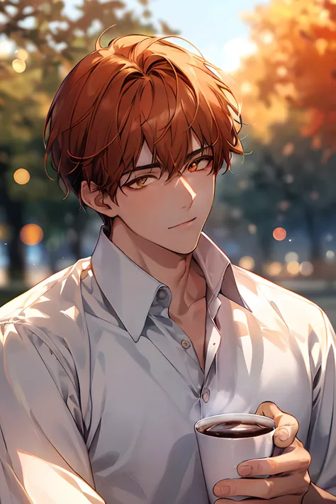 20 year old man handsome,top-quality, Leakage of the Sky Tree in autumn,   Detailed glowing orange eyes detailed background, diffuse sunlight, depth of fields, bokeh dof，Looking up to the sky，Light reflected in white shirt，Take-out coffee cups，