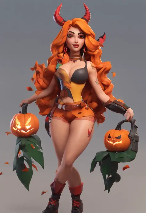 Sexy Fortnite character, long orange curly hair, devil horns and tail, vampire fangs, orange eyes, nose ring, lip ring, cheeks pierced, small breasts, curvy, rosy cheeks, black makeup, fall inspired outfit, leaves in hair, lots of tattoos, black mini skirt...