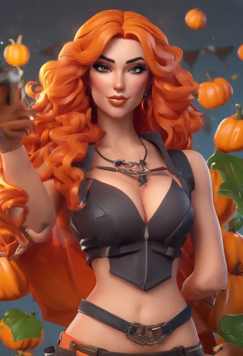 Sexy Fortnite character, long orange curly hair, devil horns and tail, vampire fangs, orange eyes, nose ring, lip ring, cheeks pierced, small breasts, curvy, rosy cheeks, black makeup, fall inspired outfit, leaves in hair, lots of tattoos, black mini skirt...