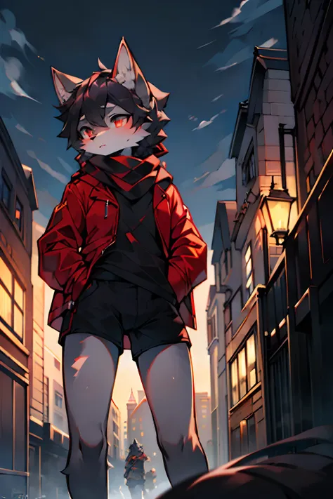 london,England, Twentieth century，gray wolf，Female，slender figures，Long thick black hair，There are two small braids，Run，Light gray，Black  shorts，Red coat，Black shirt，dark gray eyes，Put your hands in your shirt pocket，Wearing a red scarf，Handsome（A masterpi...