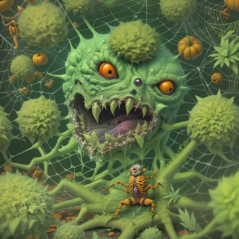 3D, lowbrow pop surrealism, scary, fuzzy, glow in the dark, halloween anatomical monster cannabis nugget with spiders, webs, dew droplets, Multicolored Crystals, botanical, by Robert Gonsalves, Robert Williams, Todd Schorr