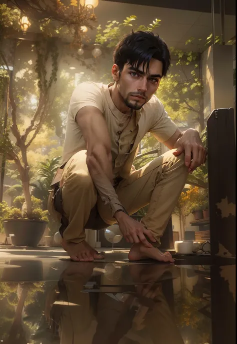 Ultra realistic 8k image of slim 25 year old male, short black hair, dressed in a beige button-up shirt and beige pants, suspicious expression, entering the main lobby of a shabby, ugly hotel, morning