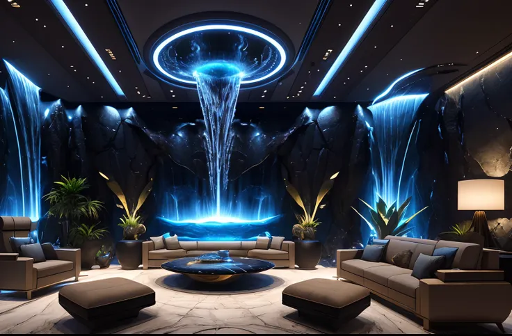 incredible luxurious futuristic living room interior in Ancient Egyptian style with many lush plants (lotus flowers:1.5, palm trees:2, rocky walls, sand:1.5, waterfalls:1.1), marble, precious minerals: 2, metals, gemstones, crystals, clouds and (water:1.6)...