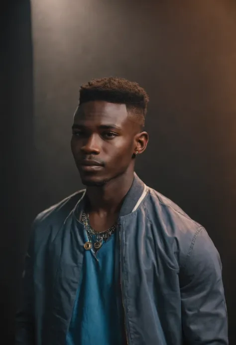 jeune homme noir africain, wearing modern clothes of singer of the good drip, studio photo, Very realistic abstract background, fantastic, Shot with a professional camera with moderate depth of field