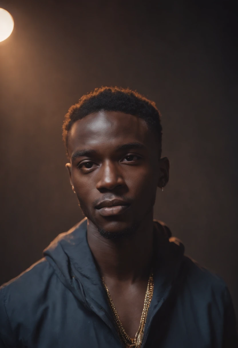 jeune homme noir africain, wearing modern clothes of singer of the good drip, studio photo, Very realistic abstract background, fantastic, Shot with a professional camera with moderate depth of field