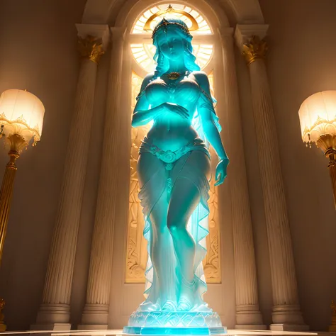 (((cerrar)))((Translucent glass statue of the goddess Aphrodite)), pecho enorme, cuerpo delgado, Cabello largo, vestido sexy, ((Halo de oro sobre la cabeza)), (obra maestra), 8k, Ultra detalles, Dynamic lights and shadows, posando sexy de pie, en el altar ...