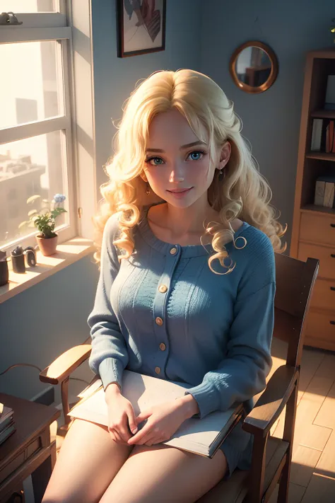 23 young white woman, very curly  blonde hair, blue eyes, smiling, seated in the desk, cozy room in the background, 3d pixar art, 8k