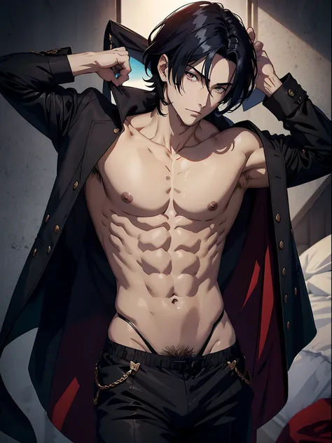 anime sexy man, dark colored hair, Малo одеждs, briefs, no shirt