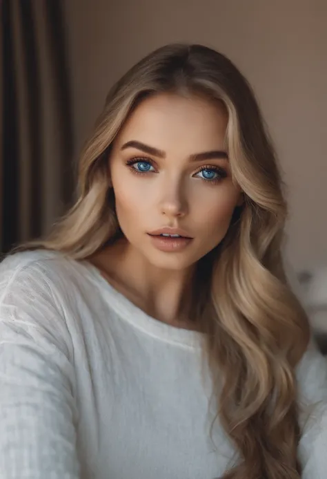 Woman， Sexy girl with blue eyes, portrait sophie mudd, Portrait of Corinna Kopf, blonde hair and large eyes, Selfie of a young woman, Eyes in the bedroom, Violet Myers, Orn makeup, Natural makeup, look straight at the camera, face with artgram, dezentes Ma...