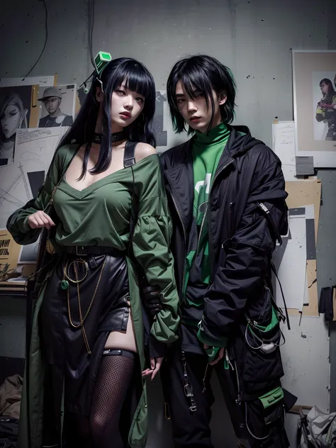 1 man，1womanl，they pose for photos in the studio，pictures on the walls, green clothes, guviz-style artwork, cyberpunk costumes, ...