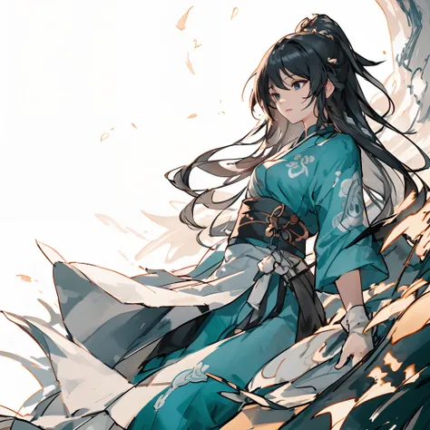 anime girl with long black hair and blue dress sitting on a rock, flowing hair and long robes, palace ， a girl in hanfu, by Yang J, zhang daqian, by Shitao, onmyoji, onmyoji detailed art, black - haired mage, from touhou, full body xianxia, by Li Zai, onmy...