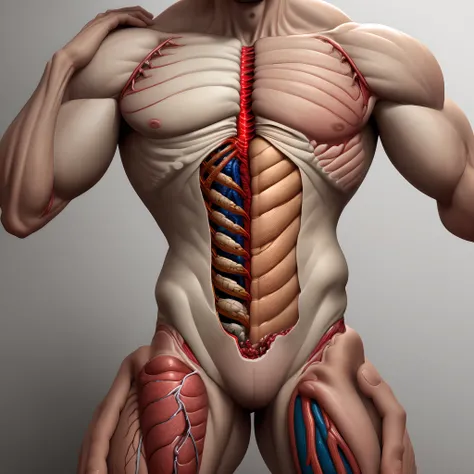 Anatomia interna, homem musculoso, cicatrizes, psicodelic, intrincado, hiper detalhado, artistic, figura humana, anatomia, retrato, veias e arterias, assustador,