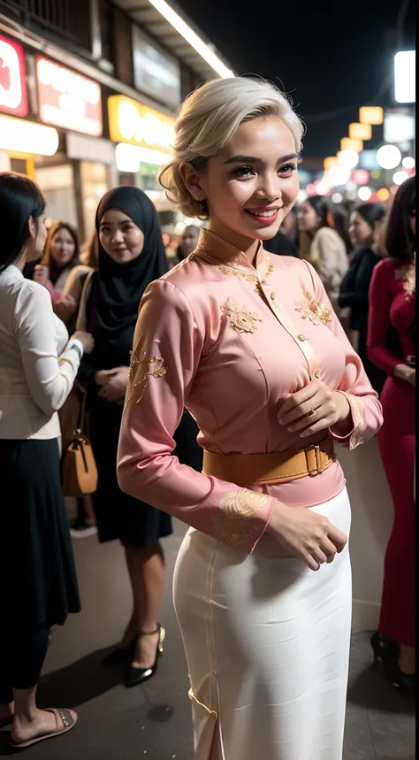 Malay girl, medium white hair, bouncy curls haircut, wear light plain pastel red womens long-sleeved dress opened at the front, secured with buttons, pins, or brooches, (baju kebaya:1.6), laughing and posing with hand on hip, wear handbag, from back view, ...