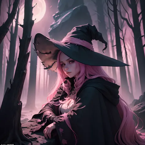 (obra-prima, melhor qualidade: 1.3), A witch, wearing a black cloak ((worn+torn)), (leaning on a mysterious rock), very long hair (straight, pink) wearing a gigantic wizards hat, Look of cruelty, creating magic, very dark background (at night+horrible tree...