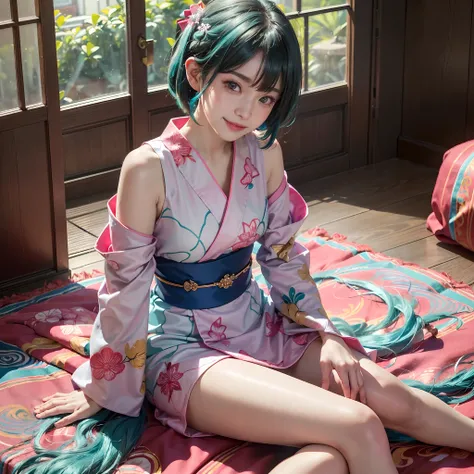 1girll, aqua hair, Detached sleeves, hair adornments, Japanese clothes, komono, Long hair, Obi, Pink kimono, sash, Sitting, Solo, double tails, Wide sleeves, (((indoor:1.33))), (((Simple room:1.33))), ((( Sitting on the bed:1.33))), Smiling,  (((Underarms:...