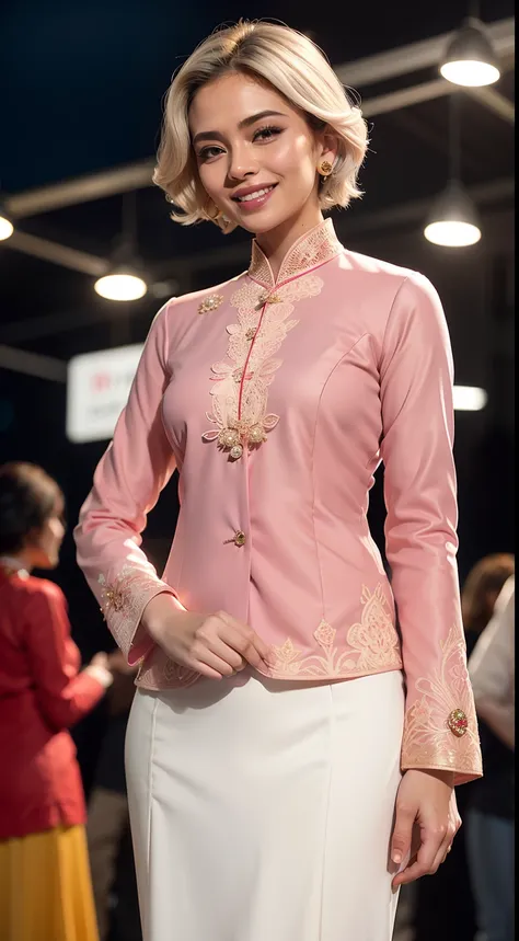 Malay girl, medium white hair, bouncy curls haircut, wear light plain pastel red womens long-sleeved dress opened at the front, secured with buttons, pins, or brooches, (baju kebaya:1.6), laughing and posing with hand on hip, wear handbag, from back view, ...