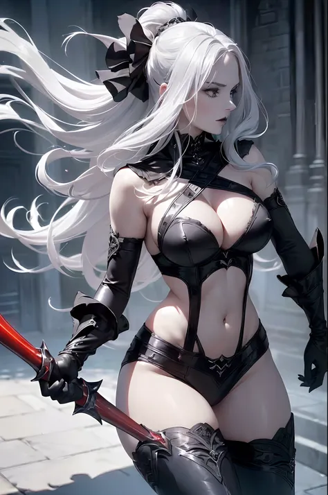 ((masterpiece, best quality, cinematic, photorealistic, ultra-detailed)), ((medium shot, side view)), ((alluring girl)), ((voluptuous body, perfect anatomy, sexy body)), ((glossy red skin, hot and sexy)), ((large cleavage, long round legs)), ((Lady Death, ...