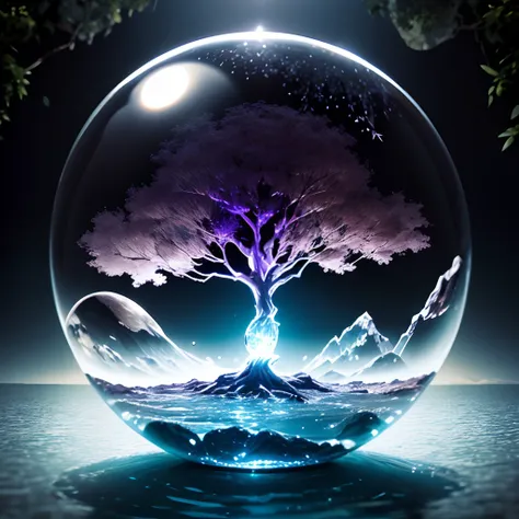 Tree of life in a crystal orb floating over a lake.