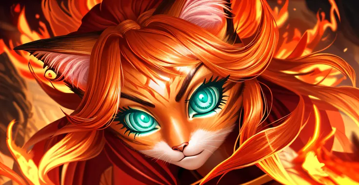 high quality digital illustration, close up portrait, perfect portrait, cinematic composition, fantasy style art, a pretty and heroic young anthropomorphic female cat, orange fur, orange hair, orange color, orange face, long eyelashes, big eyelashes, prett...