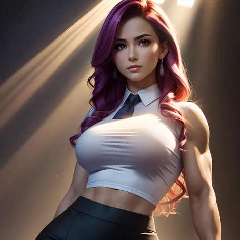 vivid hair, pencil skirt, blouse, light rays, god rays, muscular, realistic, breasts