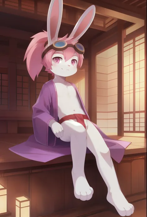 Furry shota, young, rabbit, long rabbit ears, pink hair, long spiky ponytail, spiky hair, detailed body fur, Pink eyes, purple kimono, open clothes, red fundoshi, goggles, masterpiece, looking at you, white body fur, detailed face, big eyebrows, detailed e...