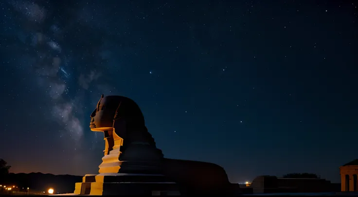 sphinx of Gizé, at night, with a starry sky, the moon in the background