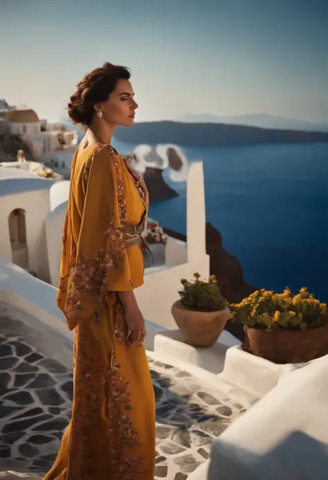 portrait of  brunette  woman, walking in Santorini, overlooking the picturesque caldera and volcanic islands, style by Flora Borsi, perfect haircut, Kimono and high-waisted pants,  by Annie Leibovitz, epic character composition,