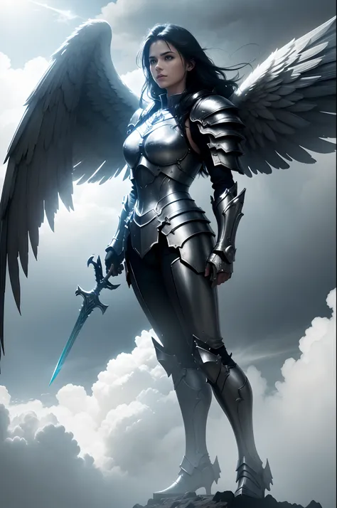 (4K, Cinematic Light Effects,) Sky, Mighty Angel (suspended in the air, three pairs of huge wings: 1.3), Armor, Great Sword, Battle Stance, Cloudy Sky, Sunlight Shining Through the Gap in the Clouds, Fog, --auto