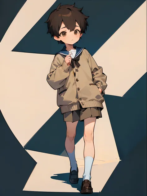 (((7-year-old boy))), ((child)), (((shota))), very short hair, pleated skirt, thigh focus,  A small cute boy,  Skinny, sailor uniform, (Oversized beige cardigan),  full body,  (best Quality, Amazing Details:1.2), 8k, official art, extremely detailed CG,ere...