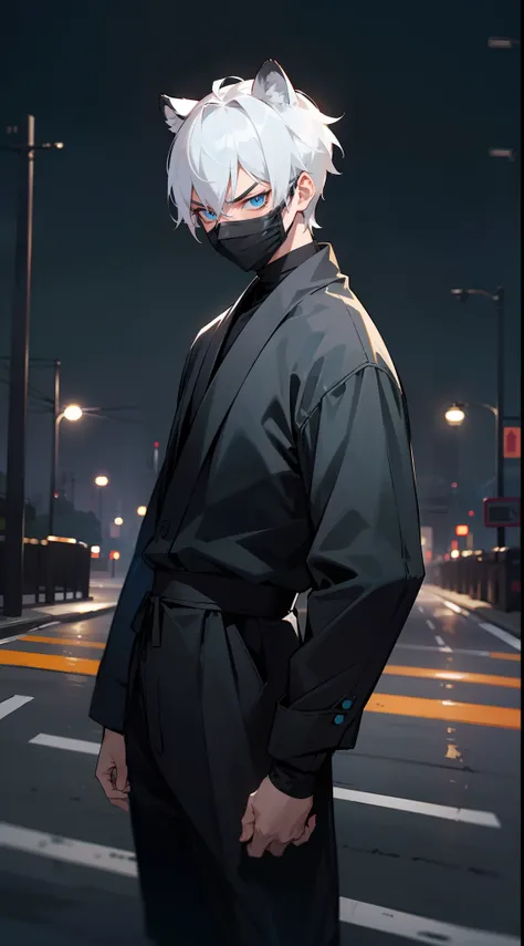 1boy,20s,blue eyes,solo,short hair,white hair,angry,tiger ears,((black mask)),(black ninja outfit),((standing in a road in night city)),night,cowboy shot