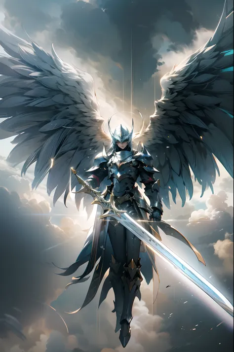 (4K, Cinematic Light Effects,) Sky, powerful six-winged angel (suspended in the air), armor, shield sword, battle stance, cloudy sky, sunlight shining through the gaps in the clouds, fog